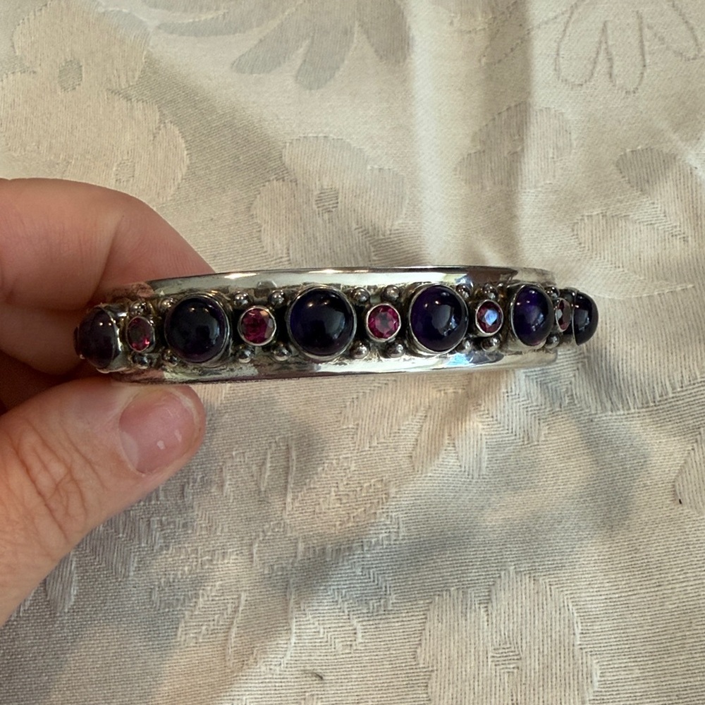 Sterling Silver Amethyst and Pink Crystal Bangle Bracelet
